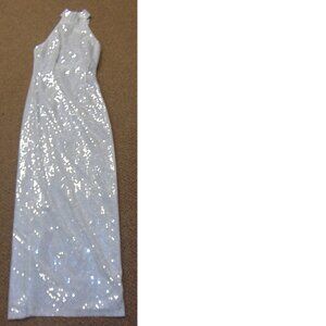 *Roberta Silver Metallic Formal Dress 7/8 Sequined Maxi Choker Neck Slit Prom